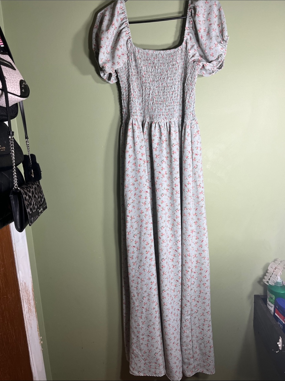 Puff-Sleeve Smocked Maxi Dress in Light Pink Floral